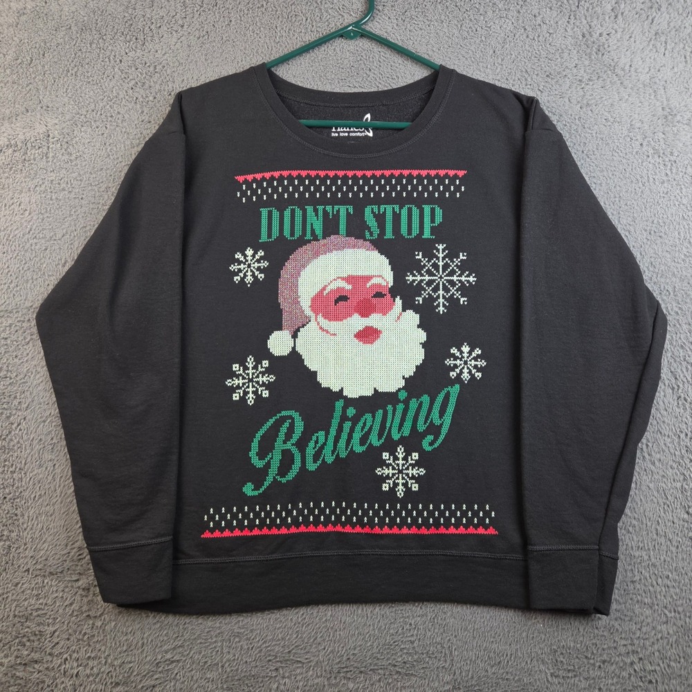Christmas Sweatshirt Women's XL Santa Claus Don't Stop Believing Black Fleece